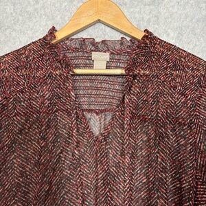 Chico's Herringbone Print Sheer Mesh Ruffle Smocked Top Blouse-Women Size 3/XL